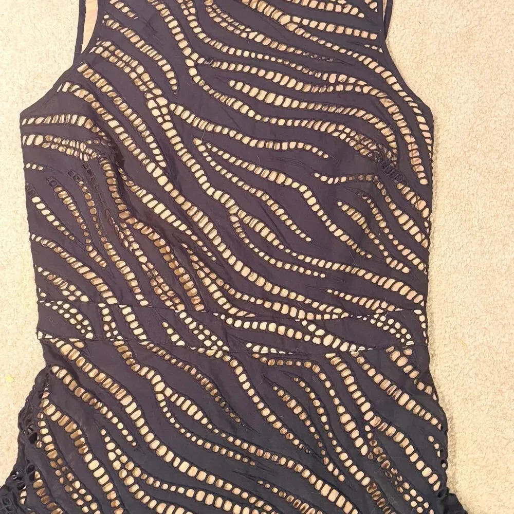 Michael Kors Dress Size 2 Black Zebra Eyelet Cotton Flounce Cutout Mini Nude